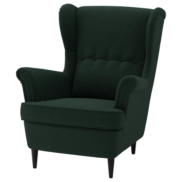 Green wingback armchair, high back, plush fabric, wooden legs.