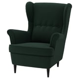 Green wingback armchair, high back, plush fabric, wooden legs.