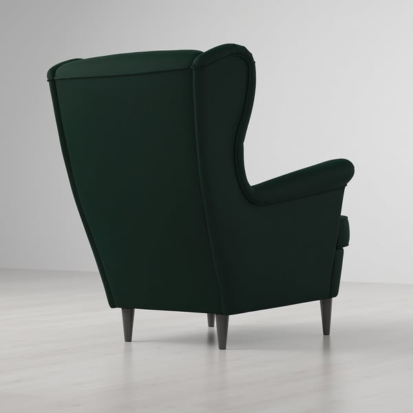 Dark green high-back armchair with winged design, offering neck and back support, set on four wooden legs.