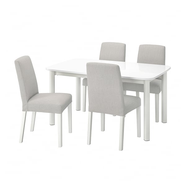 STRANDTORP white dining set with 4 light grey upholstered chairs and an extendable table.
