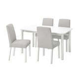 STRANDTORP white dining set with 4 light grey upholstered chairs and an extendable table.