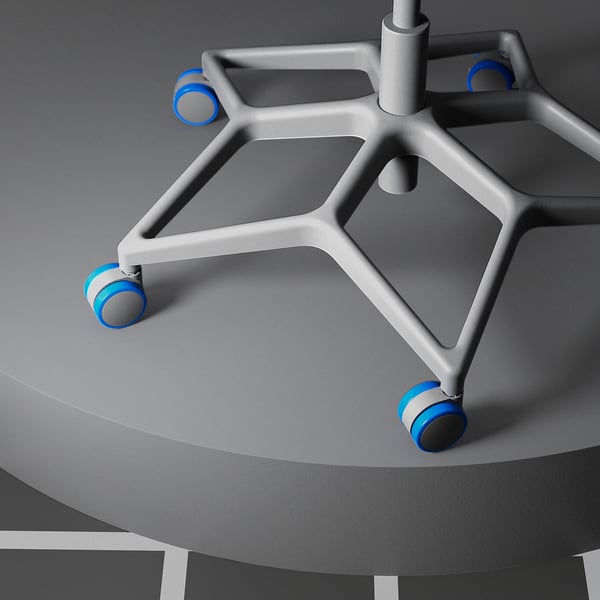 A modern, grey gaming chair with blue accents on wheels, featuring an ergonomic star base design.