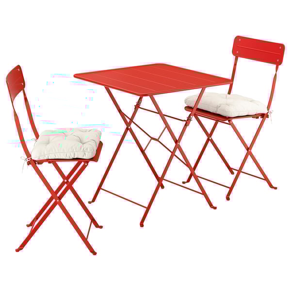 SUNDSÖ set: red metal table & 2 foldable chairs with beige cushions.