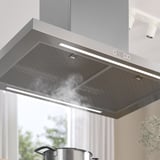 Modern stainless steel ceiling-mounted range hood with led lights for effective kitchen ventilation.