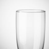 Clear, tall, slender glass, beautifully designed, perfect for champagne.