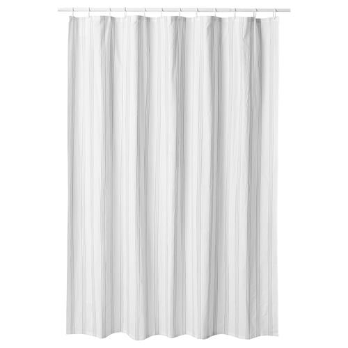 A white SVARTSTARR shower curtain with grey stripes, made from recycled polyester.