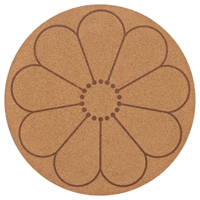 Round cork placemat with brown floral design.