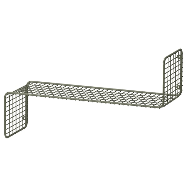 A gray metal wire wall shelf, SVENSHULT, with a grid pattern and angled edges.