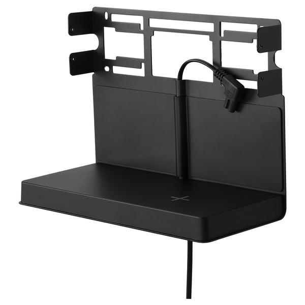 SYMFONISK black wall mount shelf with wireless charger, made of steel. Chic design for bedroom or living room.
