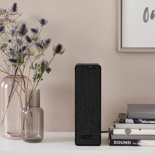 Vertical black speaker on shelf, purple dried flowers in vase, books like sound.