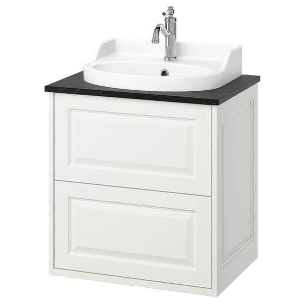 White TÄNNFORSEN bathroom vanity with ceramic sink, chrome faucet, drawer storage.