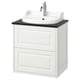 White TÄNNFORSEN bathroom vanity with ceramic sink, chrome faucet, drawer storage.