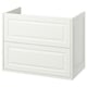 Option: White TÄNNFORSEN bathroom cabinet with classic beveled details, featuring two drawers for storage.
