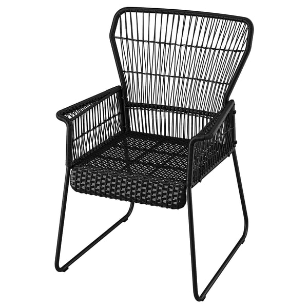 TALLSKÄR chair, black, woven rattan, outdoor, with armrests.