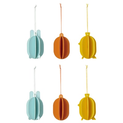 Six 3d paper ornaments: turquoise, orange, yellow shapes with hanging strings, 2x3 arrangement.