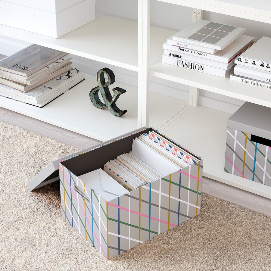 TJENA Storage box with lid, grey multicolour/paper, 25x35x20 cm IKEA