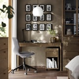 Vintage home office: TONSTAD desk, chair, light, shelves, decor.