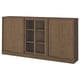 Brown wooden cabinet with sliding doors, three sections, central glass door, dark wood grain.