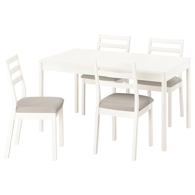 TONSTAD off-white square dining set, white chairs with beige cushions.