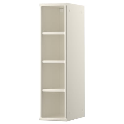 A TORNVIKEN white, open kitchen cabinet with three shelves made of fibreboard. Its minimalist design maximizes storage efficiency in narrow spaces.