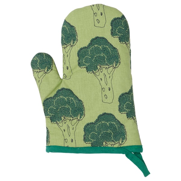 Green oven mitt with broccoli print, made from recycled polyester and cotton.