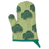 Green oven mitt with broccoli print, made from recycled polyester and cotton.