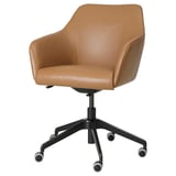 This image shows a TOSSBERG office chair in brown leather with padded seats and backrest, swivel base, and castors.