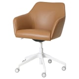 A TOSSBERG chair in tan leather with a white base and wheels. It has a high back and soft, padded seat for comfort.
