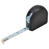 Ikea tape measure, black with gray, retractable steel tape, labeled in both mm and inches, ergonomic design.