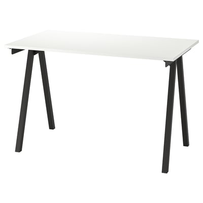 TROTTEN desk, white top, black a-legs, compact design.