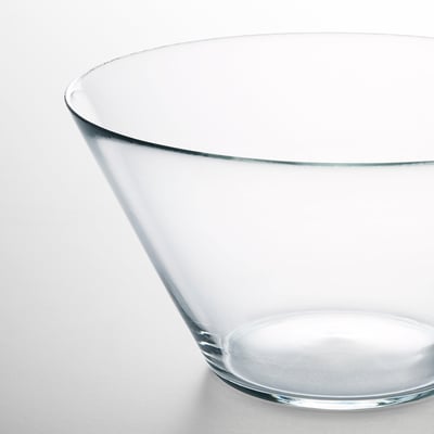 Clear glass bowl, clear, round, simple design, transparent.