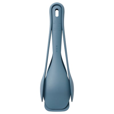 Grey-blue 3-piece kitchen tool set: spatula, spoon, tongs, polyamide plastic, space-saving.