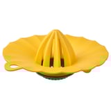 Bright yellow lemon squeezer, open and ready to use, made of plastic.