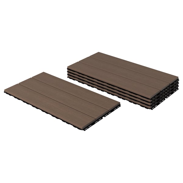 Two sets of brown, rectangular, interlocking deck tiles displayed, designed for outdoor use, made from recycled plastic and wood composite.