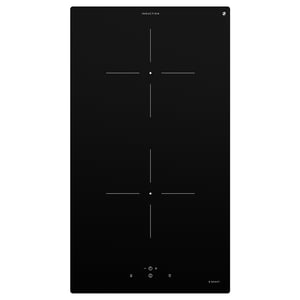 Black induction cooktop with two zones, touch controls, and booster function.