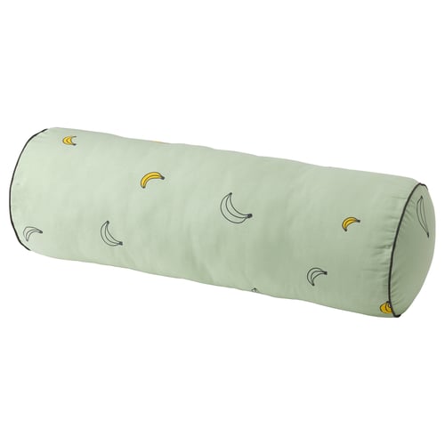Cylindrical green pillow with banana prints, made from recycled polyester and cotton, perfect for lumbar support.