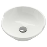 A VÄSTERSJÖN white ceramic wash-basin with a round bowl, soft edges, and a raised back. It has a chrome-plated lid for the water trap.