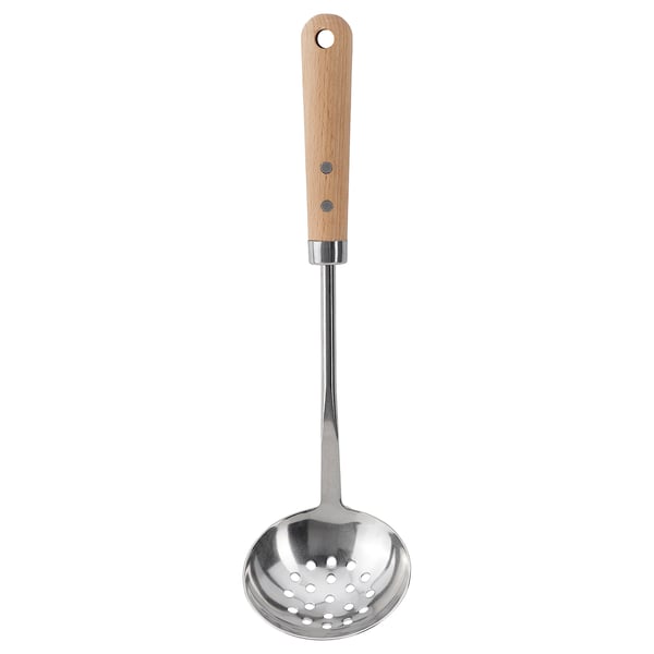 Wooden-handled VARDAGEN skimmer with stainless steel perforated bowl and hanging hole.