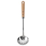 Wooden-handled VARDAGEN skimmer with stainless steel perforated bowl and hanging hole.