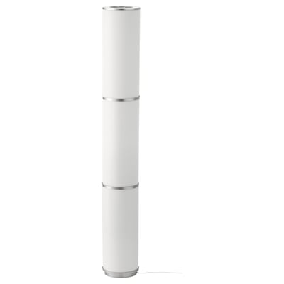 VIDJA white floor lamp: cylinder-shaped with diffused textile shade, standing on a sturdy base, modern design.