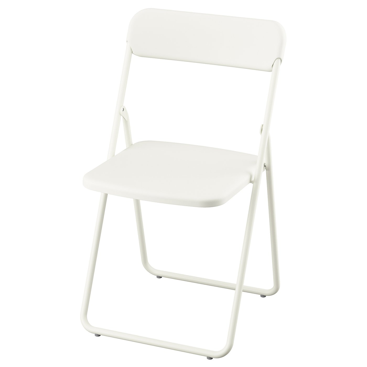 Depicts a white VIHALS folding chair. It a minimalist design with a metal frame and plastic seat and back. The chair is lightweight and easy to fold.