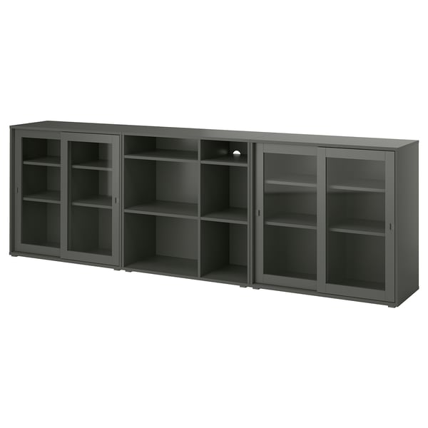 This image a black VIHALS storage unit with glass doors and open shelves. Its sleek and modern, perfect for organizing and displaying items.