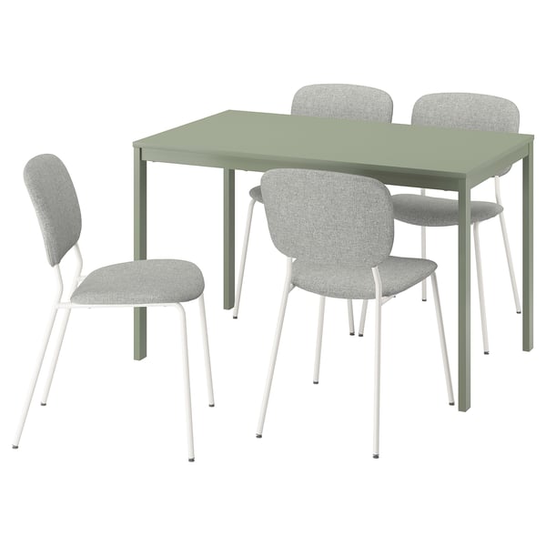 A green VIHALS dining set with a square table and four light gray chairs. The modern design includes minimalist white metal legs.