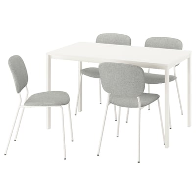 Depicts a white VIHALS dining set with a rectangular table and four matching chairs. The chairs have gray fabric seats and backs.