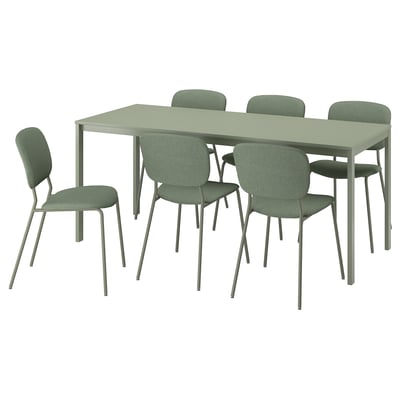 Green IKEA VIHALS dining set: table, 4 chairs w/upholstered seats & backs, steel legs.