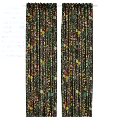 Black curtains with colorful floral pattern, rectangular shape, draped in vertical pleats.