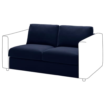 The VIMLE sofa is a modern, dark blue two-seater with sleek lines, padded for comfort, and minimalist design.