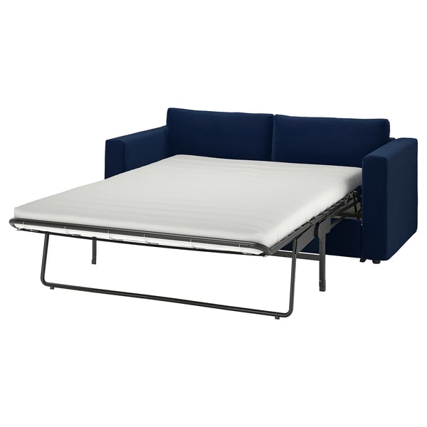 Blue VIMLE sofa-bed with white mattress, modern design, metal frame.