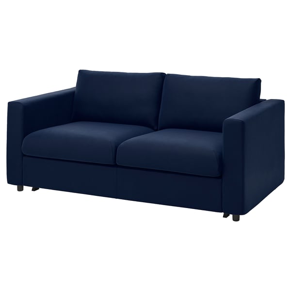 VIMLE: dark blue, modern sofa with clean lines. Velvet cover, medium firm foam mattress.