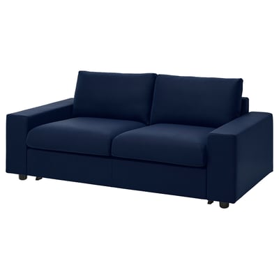 Deep blue VIMLE sofa with square arms and cushioned seats. Modern, understated design.
